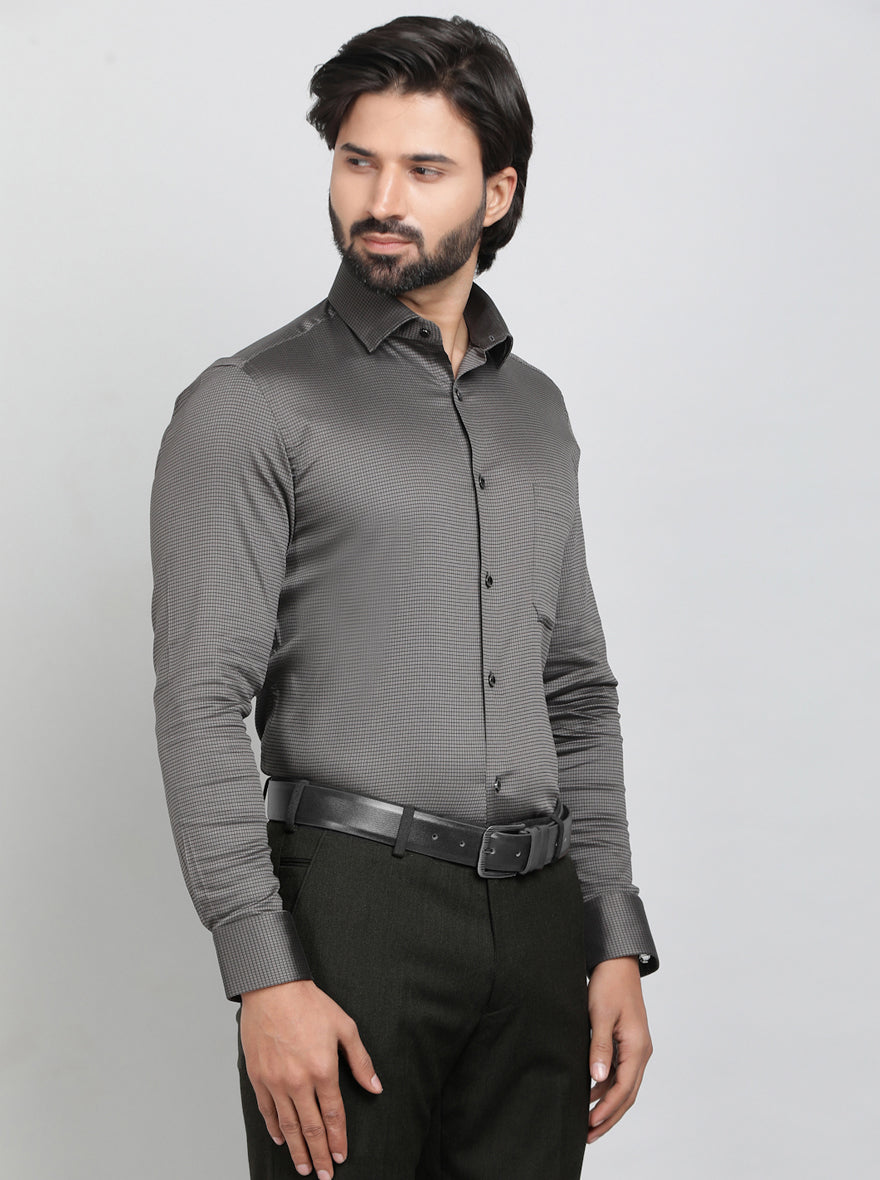 Dark Grey Checked Slim Fit Party Wear Shirt | Greenfibre