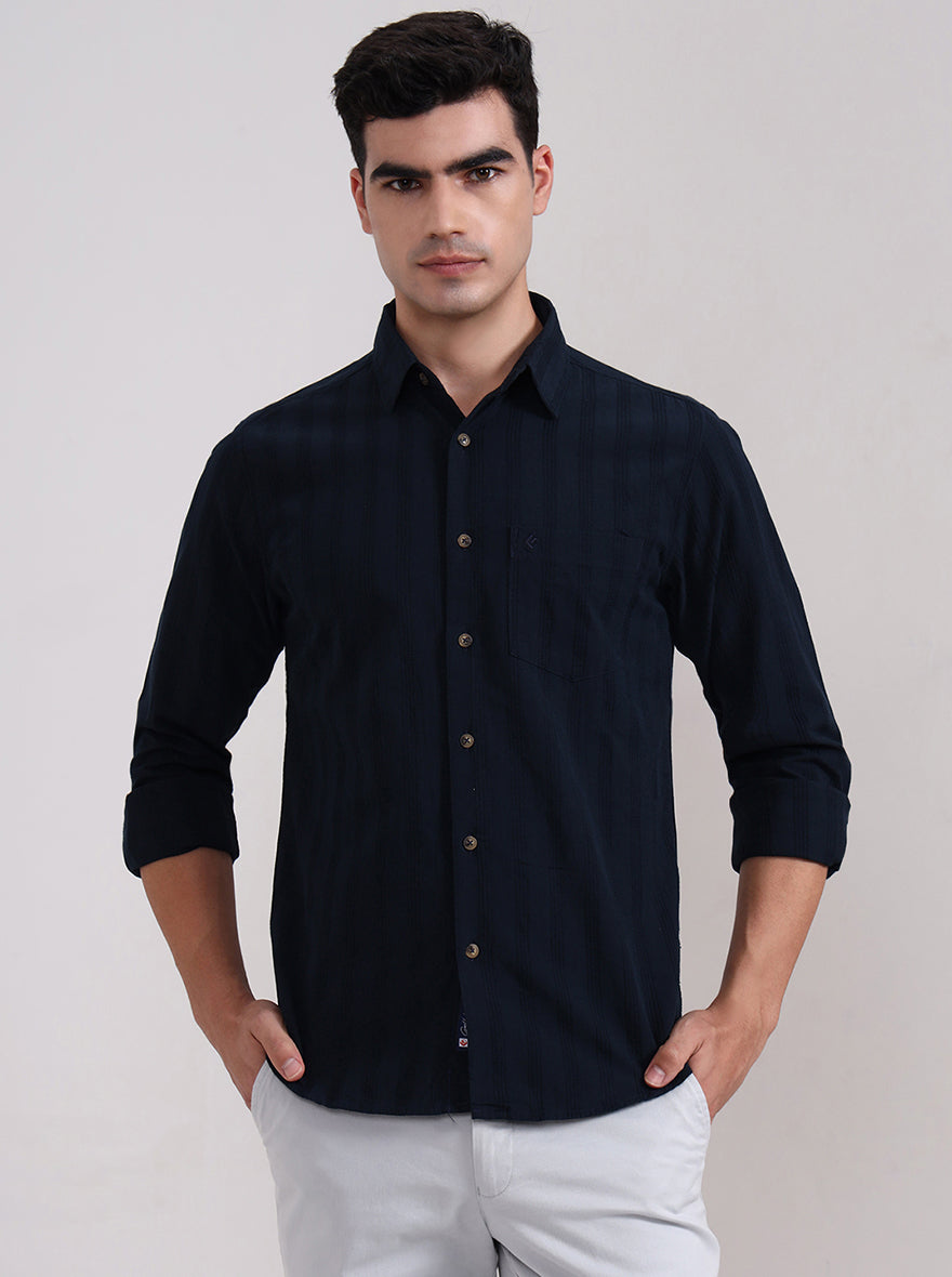 Dark Navy Blue Solid Slim Fit Casual Shirt | Greenfibre