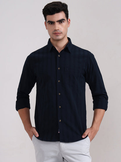 Dark Navy Blue Striped Slim Fit Casual Shirt | Greenfibre