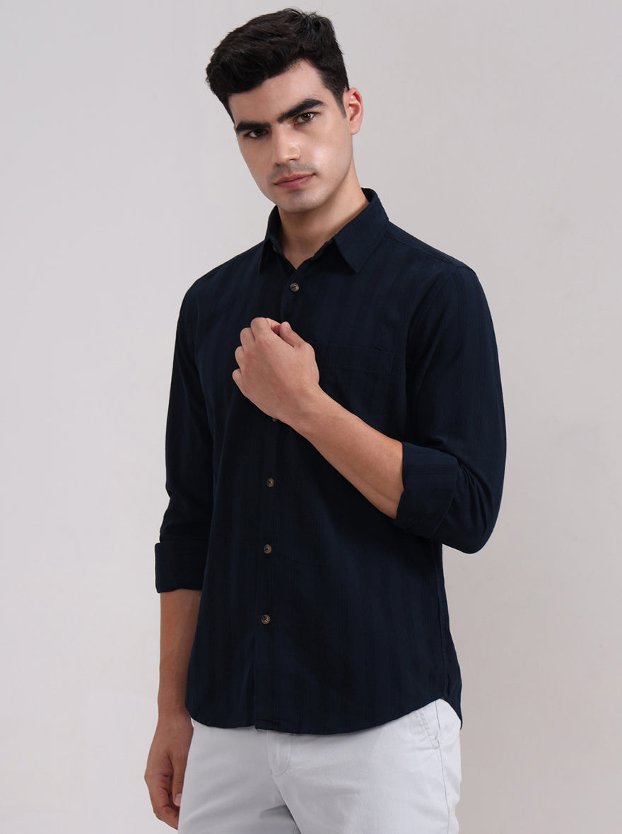 Dark Navy Blue Solid Slim Fit Casual Shirt | Greenfibre