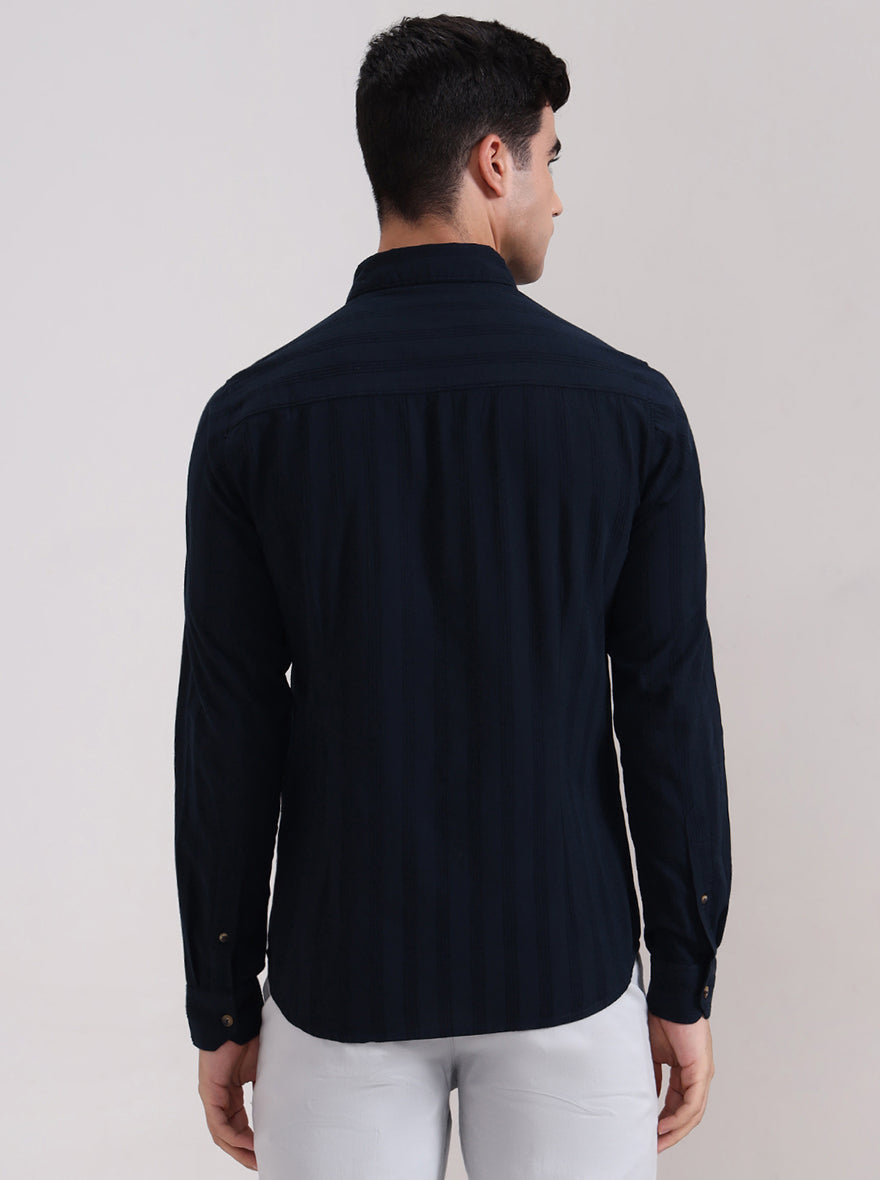Dark Navy Blue Striped Slim Fit Casual Shirt | Greenfibre