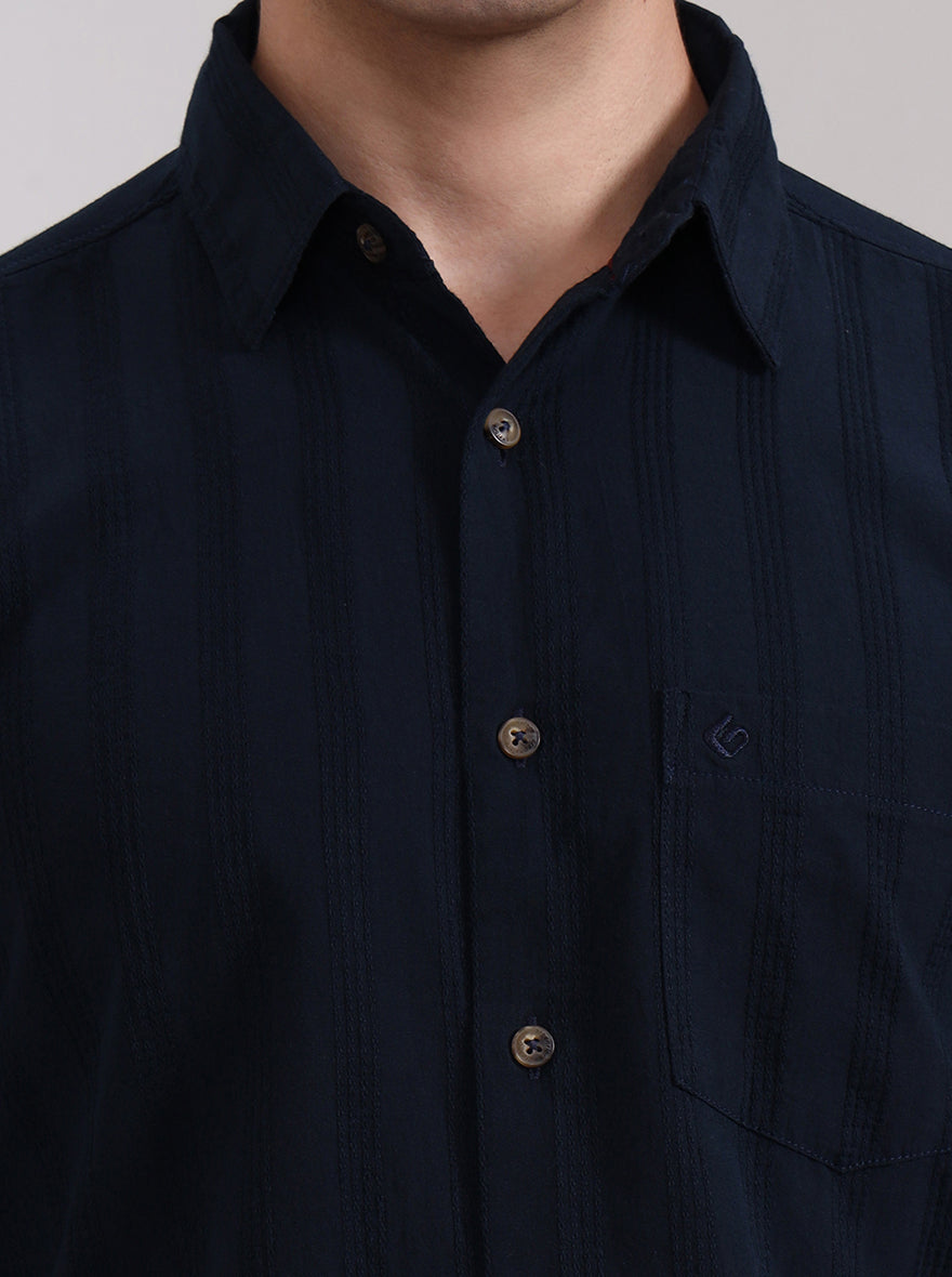 Dark Navy Blue Solid Slim Fit Casual Shirt | Greenfibre