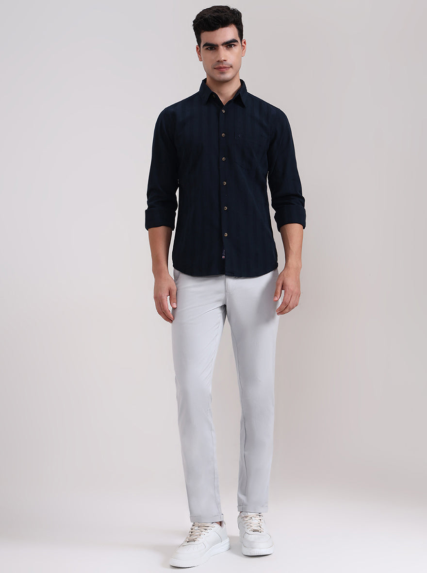 Dark Navy Blue Striped Slim Fit Casual Shirt | Greenfibre
