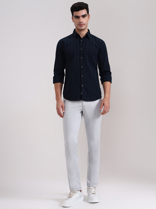 Dark Navy Blue Striped Slim Fit Casual Shirt | Greenfibre