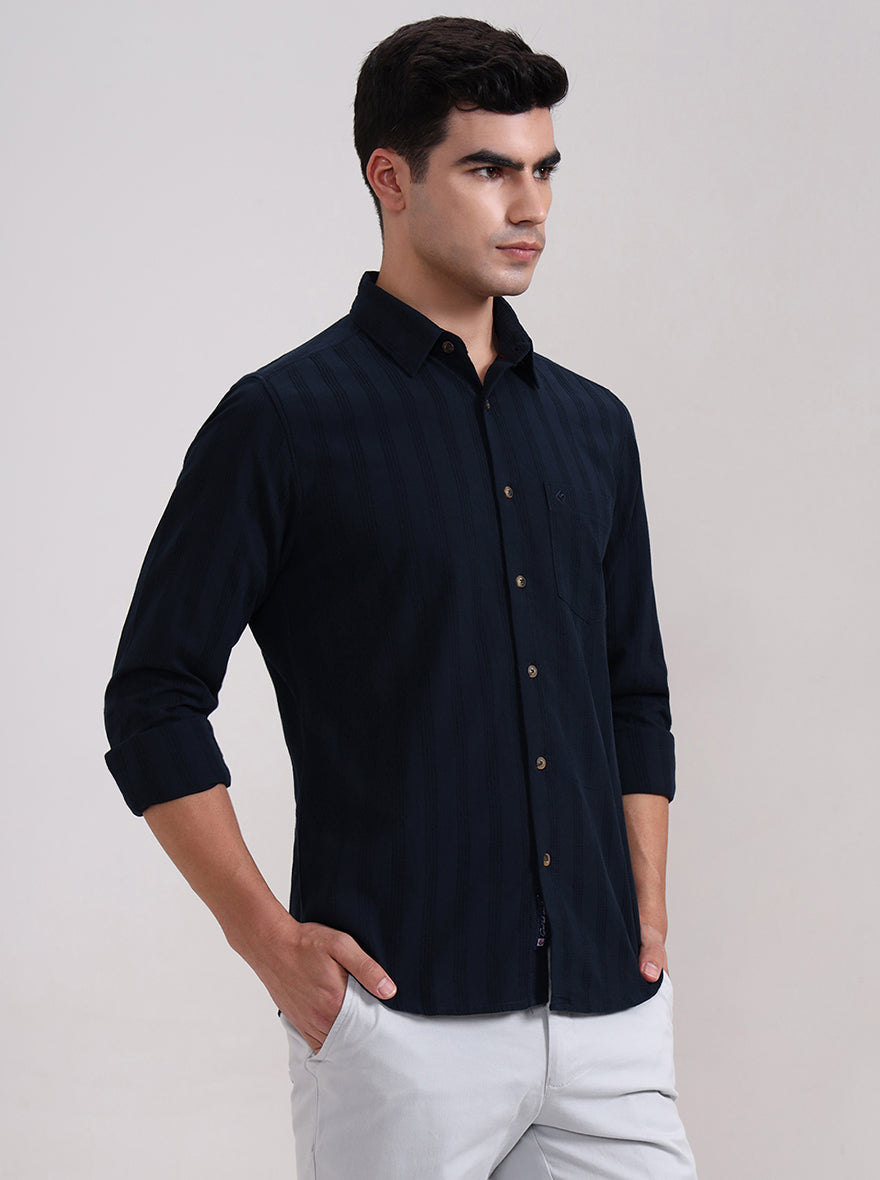 Dark Navy Blue Solid Slim Fit Casual Shirt | Greenfibre