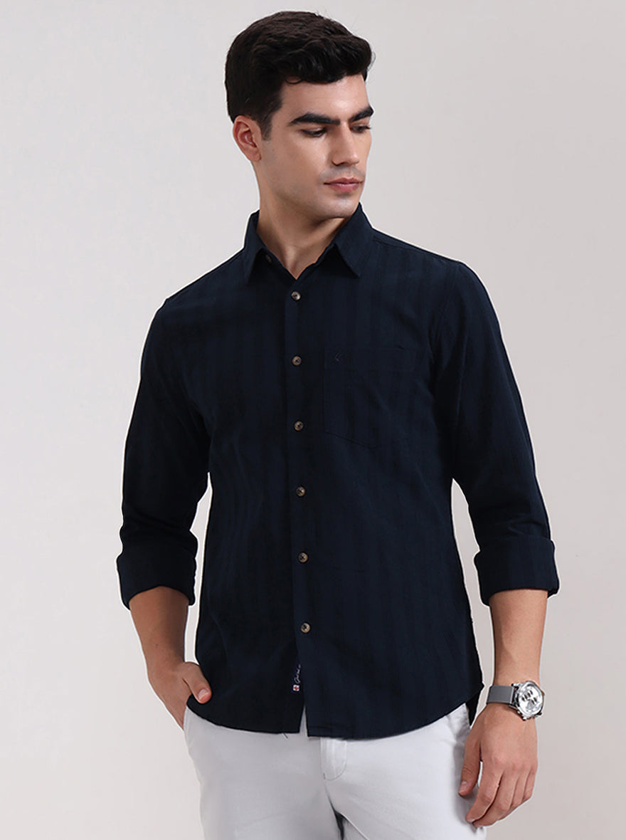 Dark Navy Blue Solid Slim Fit Casual Shirt | Greenfibre