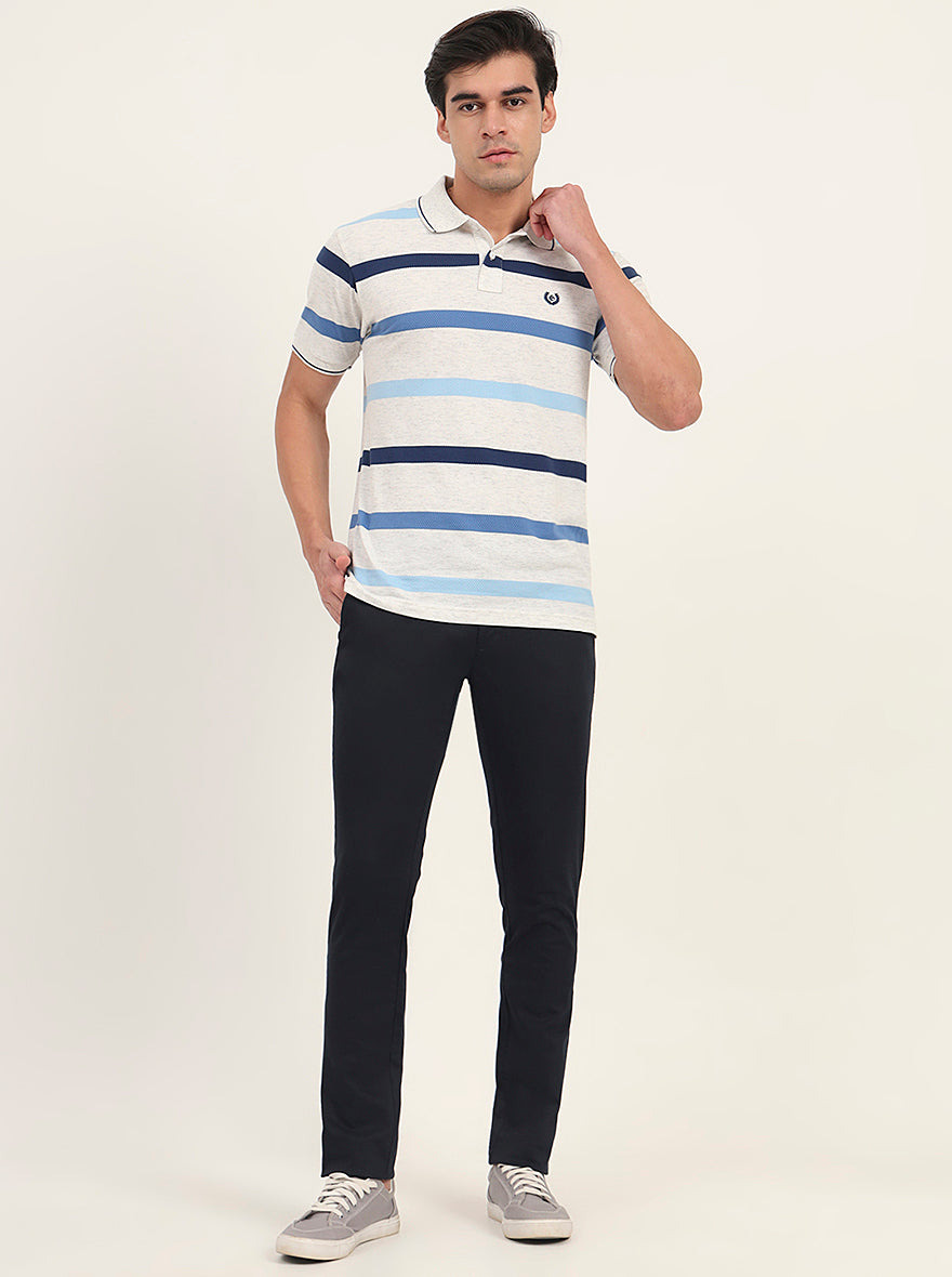 Navy Blue Printed Super Slim Fit Casual Trouser | Greenfibre