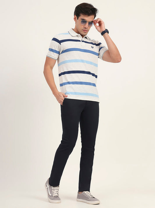 Navy Blue Printed Super Slim Fit Casual Trouser | Greenfibre