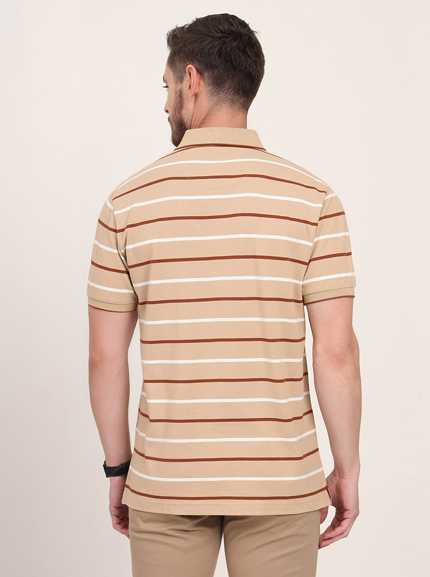 Brown Striped Slim Fit Polo T-Shirt | JadeBlue