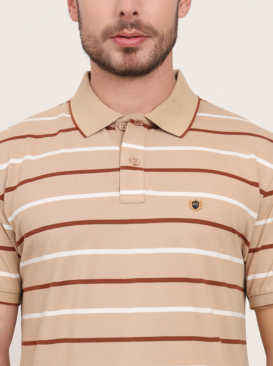 Brown Striped Slim Fit Polo T-Shirt | JadeBlue
