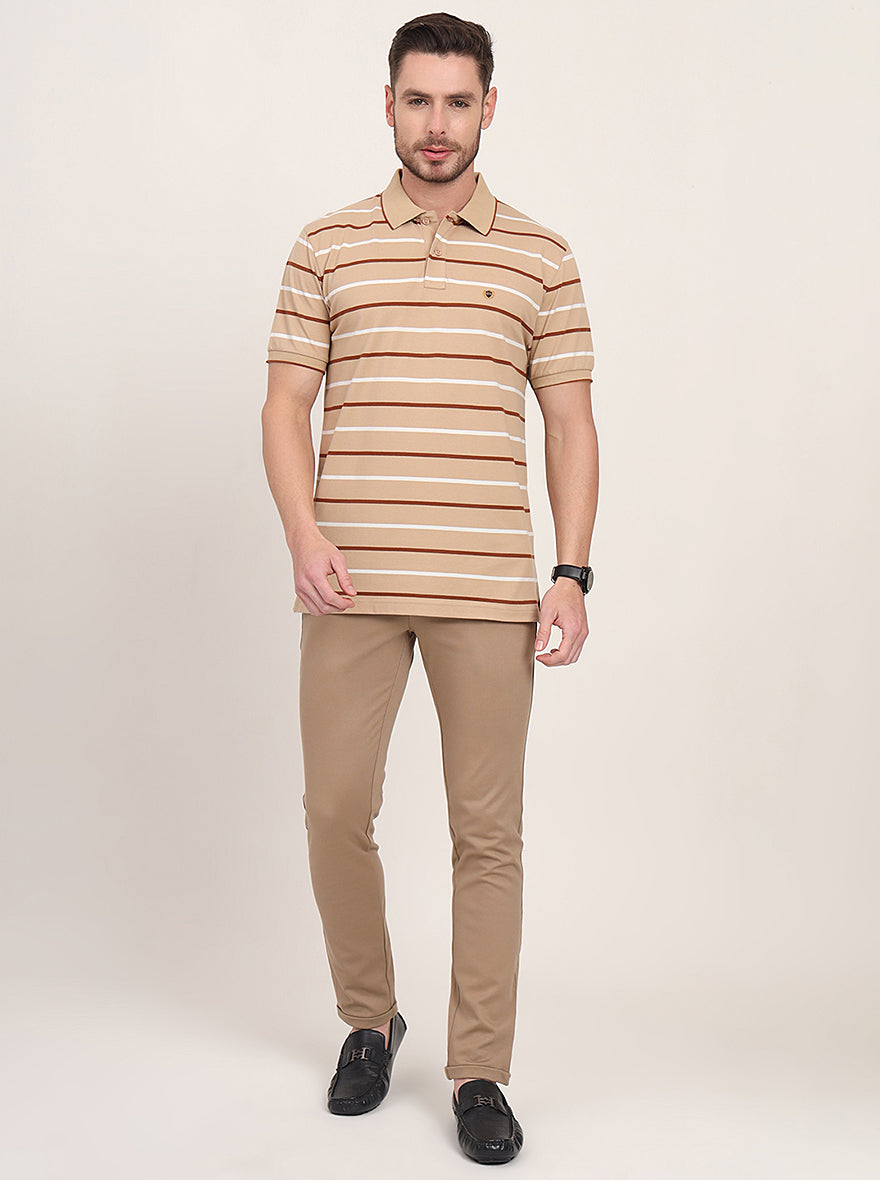 Brown Striped Slim Fit Polo T-Shirt | JadeBlue
