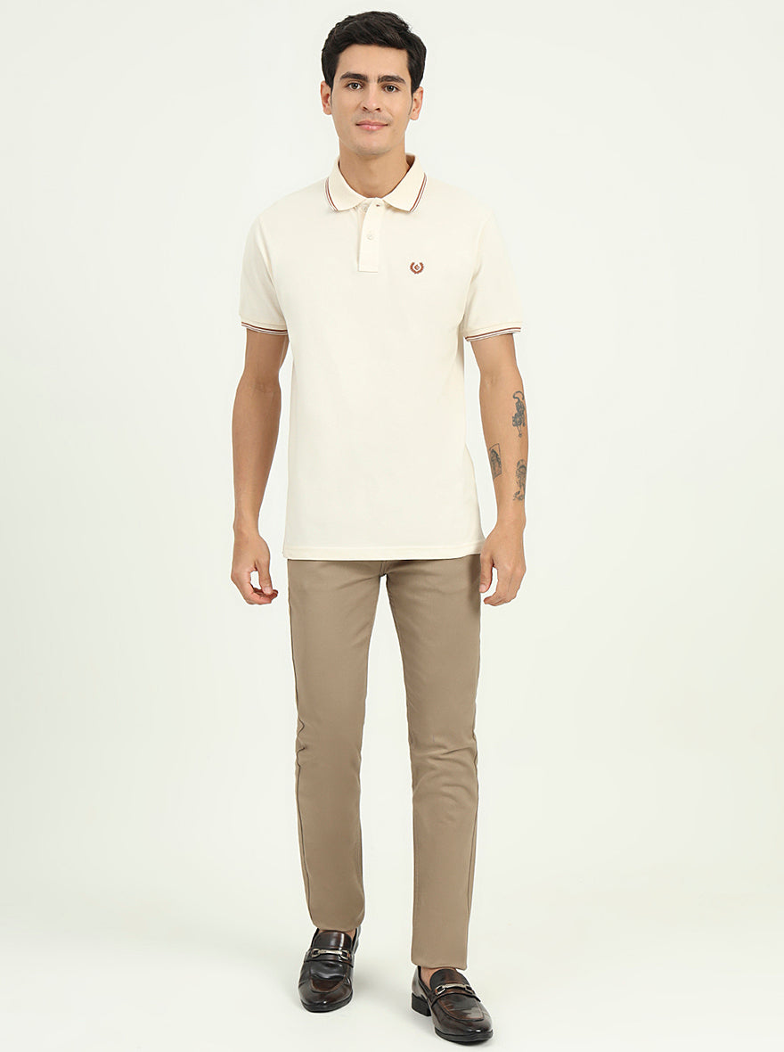 Cream Solid Slim Fit Polo T-Shirt | Greenfibre
