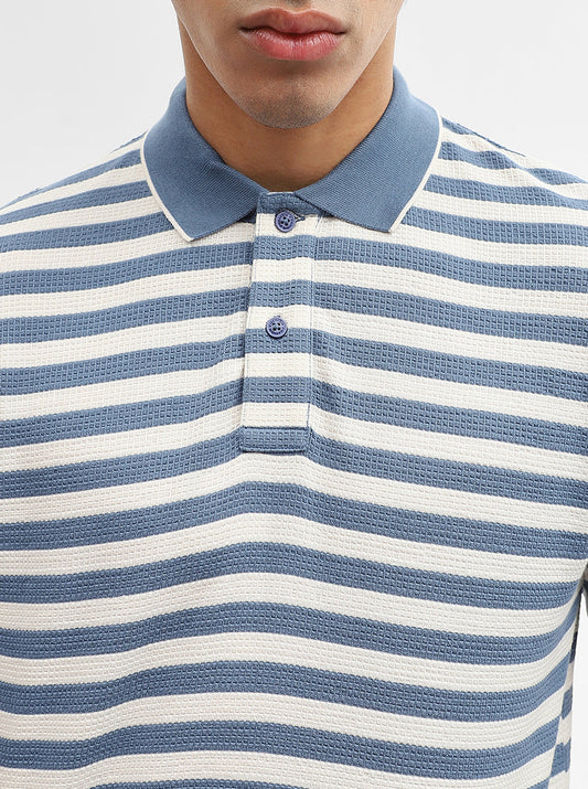 Sky Blue & White Striped Slim Fit Polo T-Shirt | Greenfibre