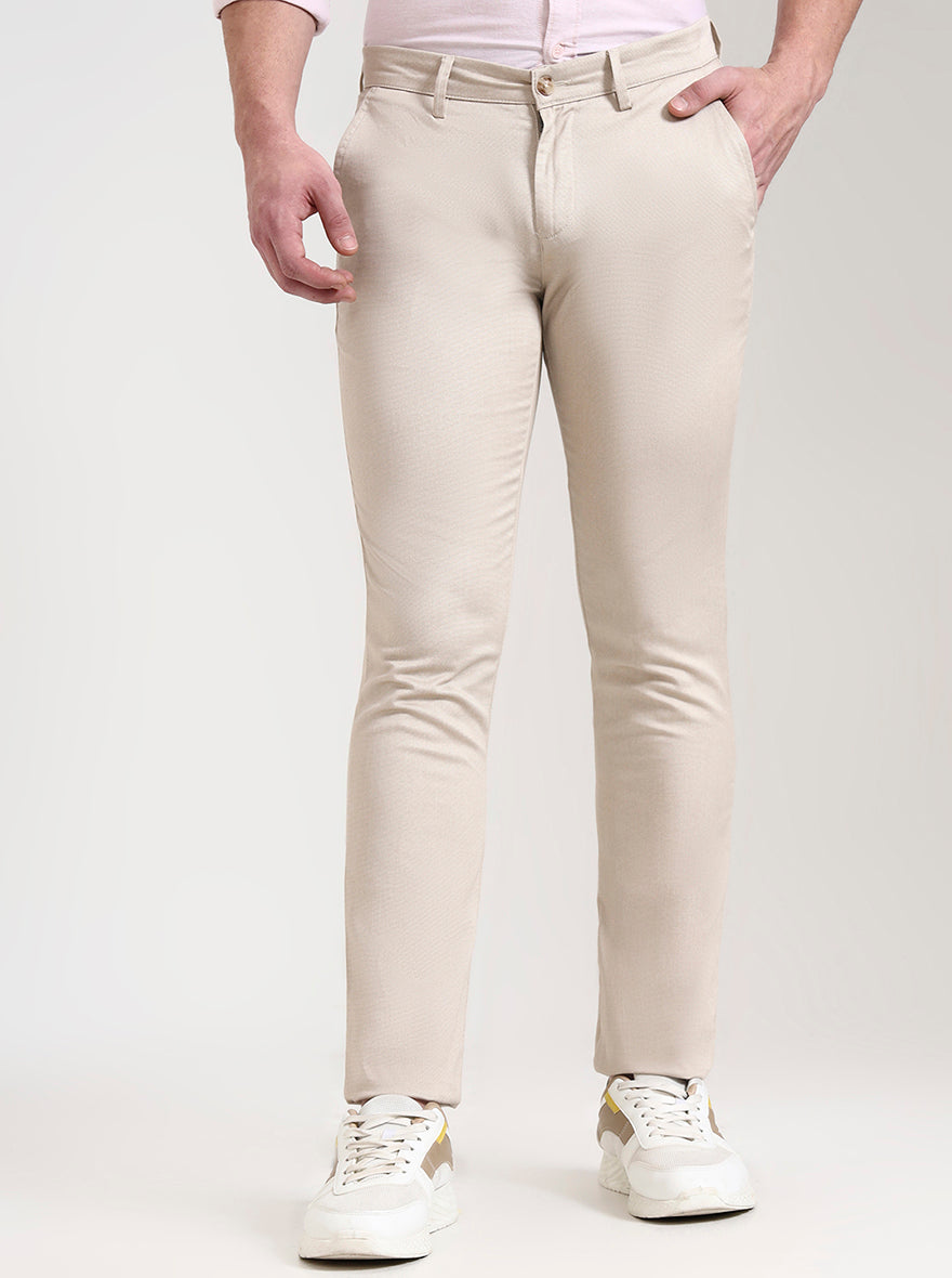 Light Khaki Printed Super Slim Fit Casual Trouser | Greenfibre