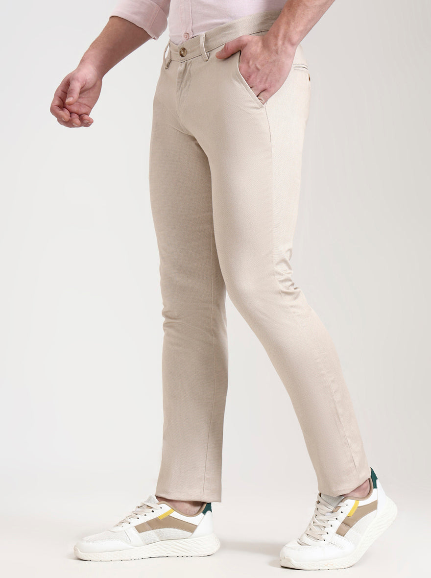 Light Khaki Printed Super Slim Fit Casual Trouser | Greenfibre