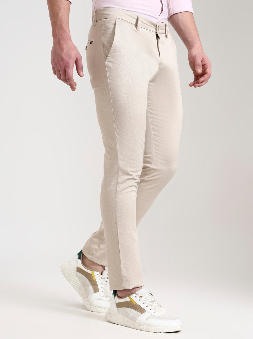 Light Khaki Printed Super Slim Fit Casual Trouser | Greenfibre