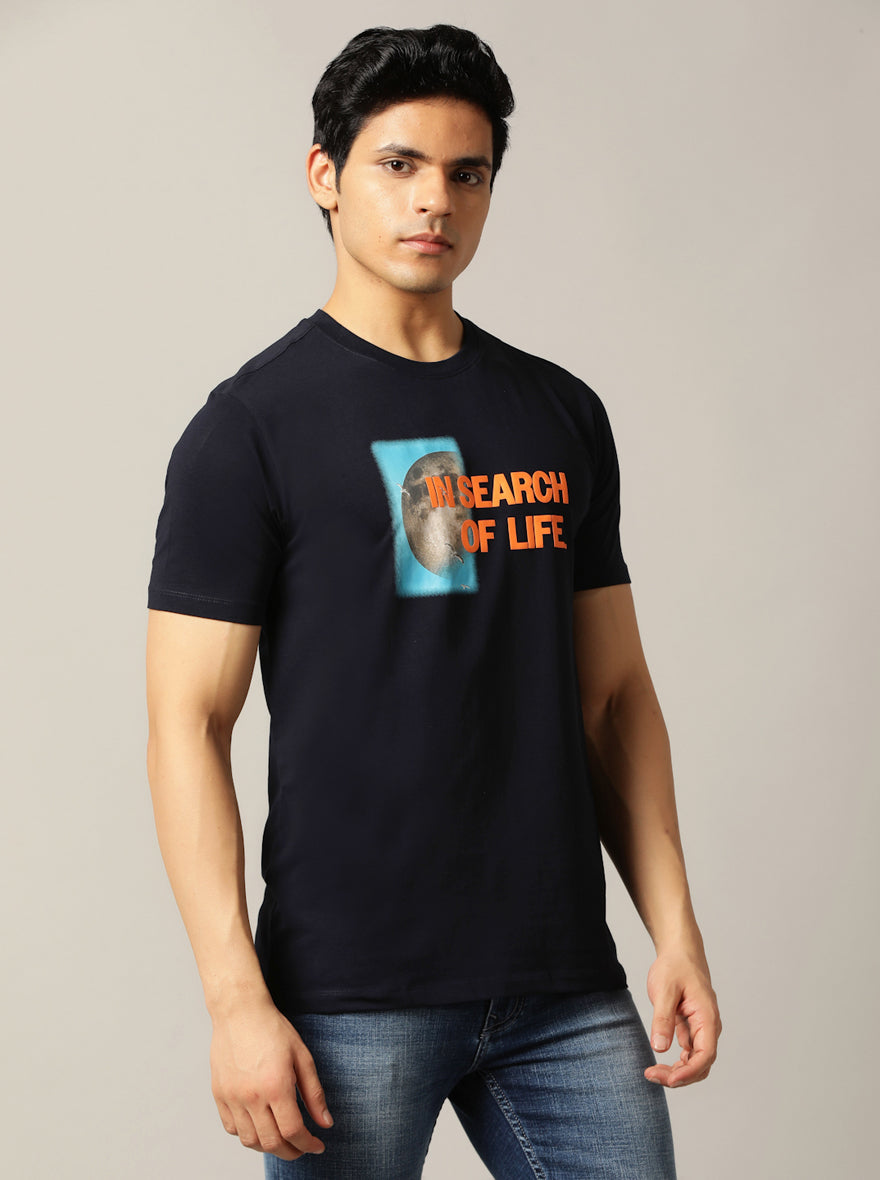 Navy Blue Printed Slim Fit T-Shirt | JadeBlue