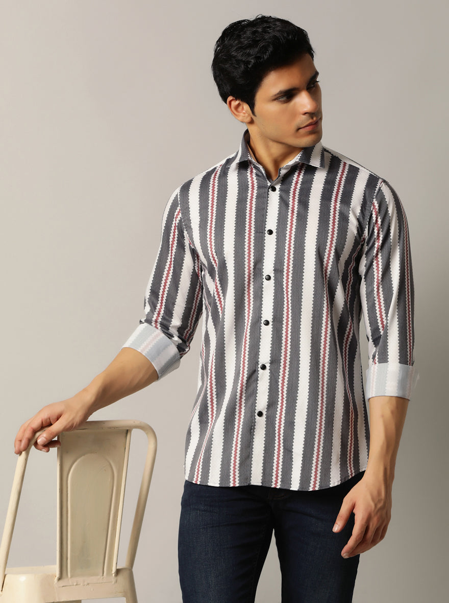 Grey Striped Slim Fit Party Wear Shirt | JB Studio