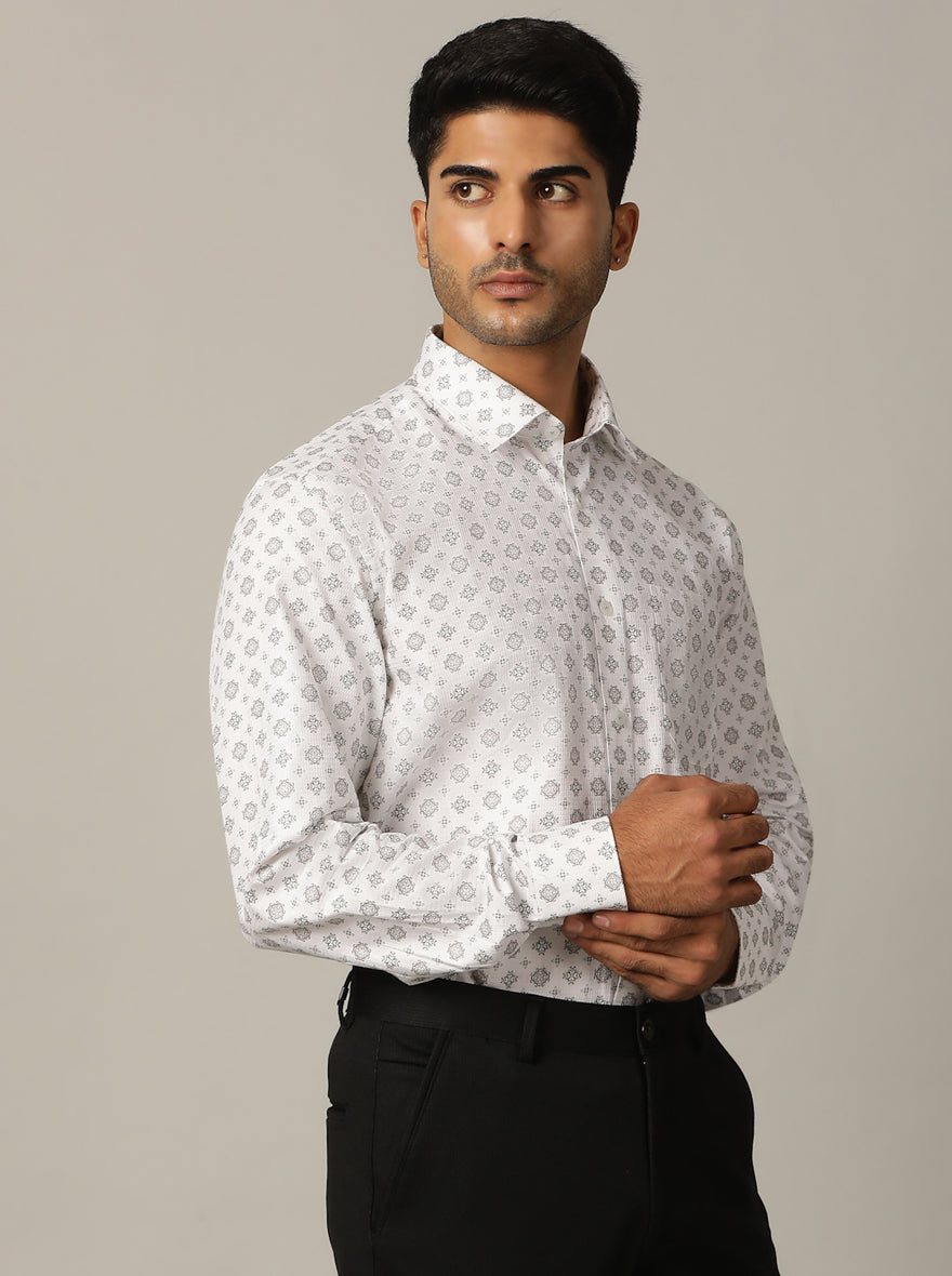 White Printed Regular Fit Formal Shirt | JadeBlue