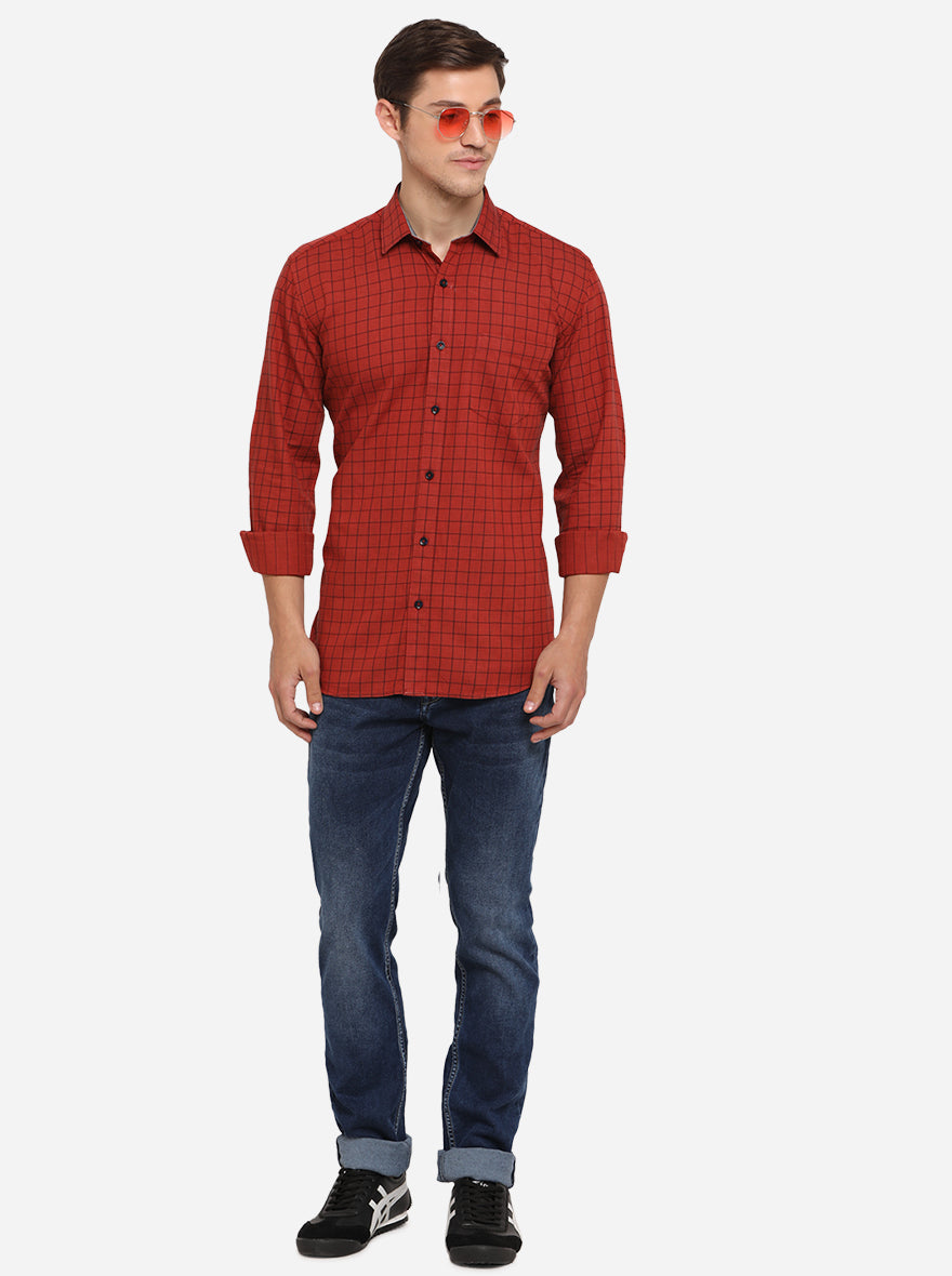 Red Checked Smart Fit Semi Casual Shirt | Greenfibre