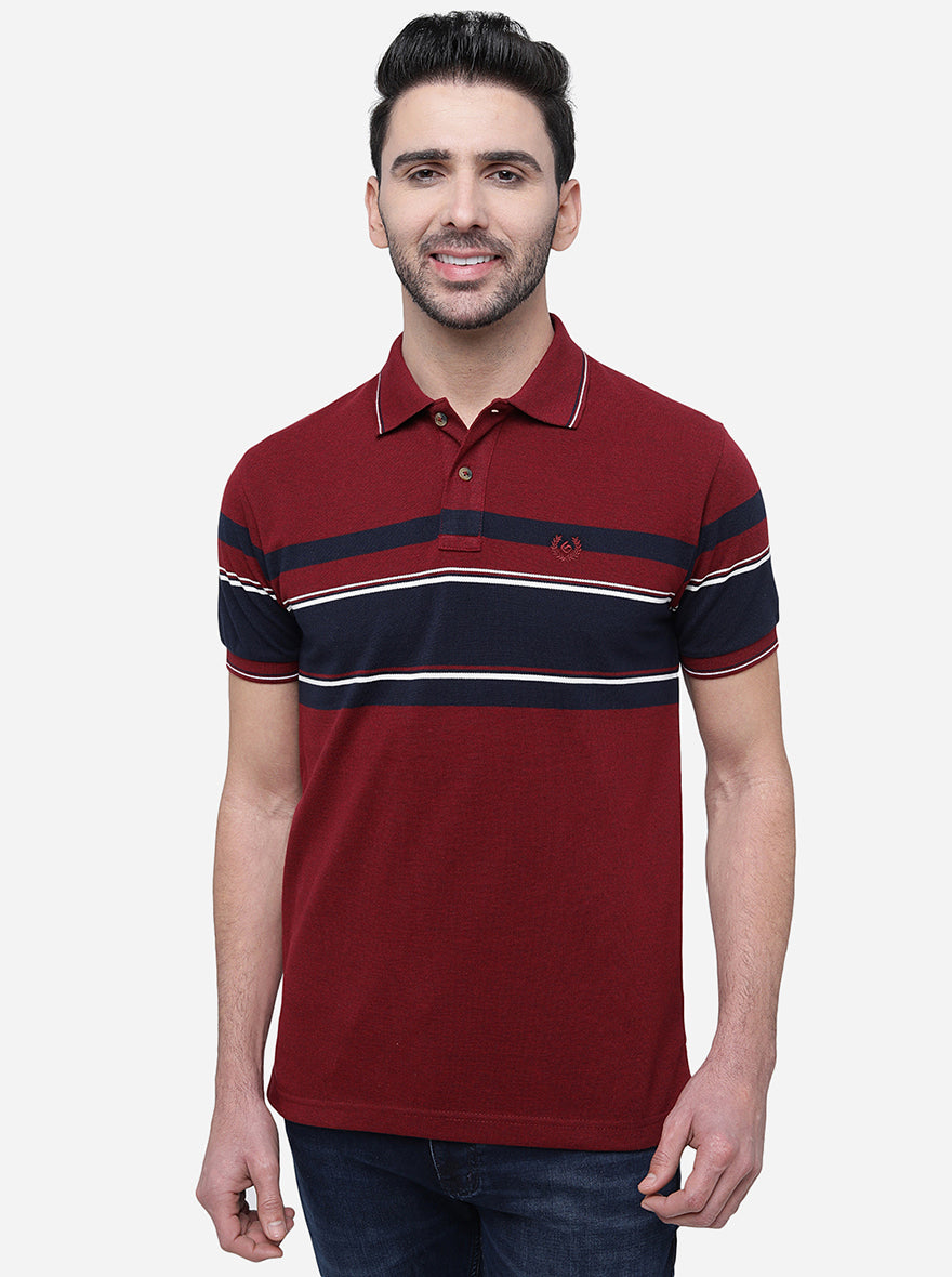 Red & Wine Striped Slim Fit Polo T-Shirt | Greenfibre