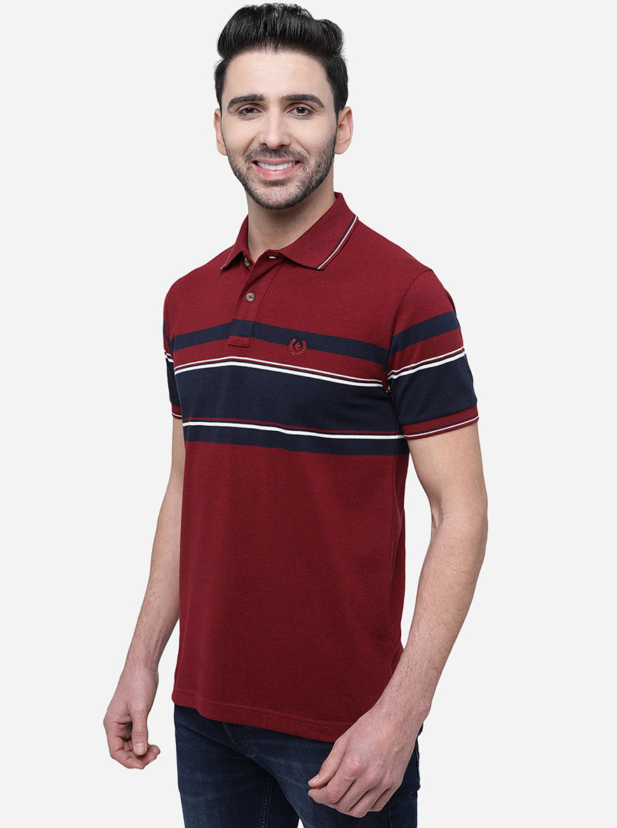 Red & Wine Striped Slim Fit Polo T-Shirt | Greenfibre