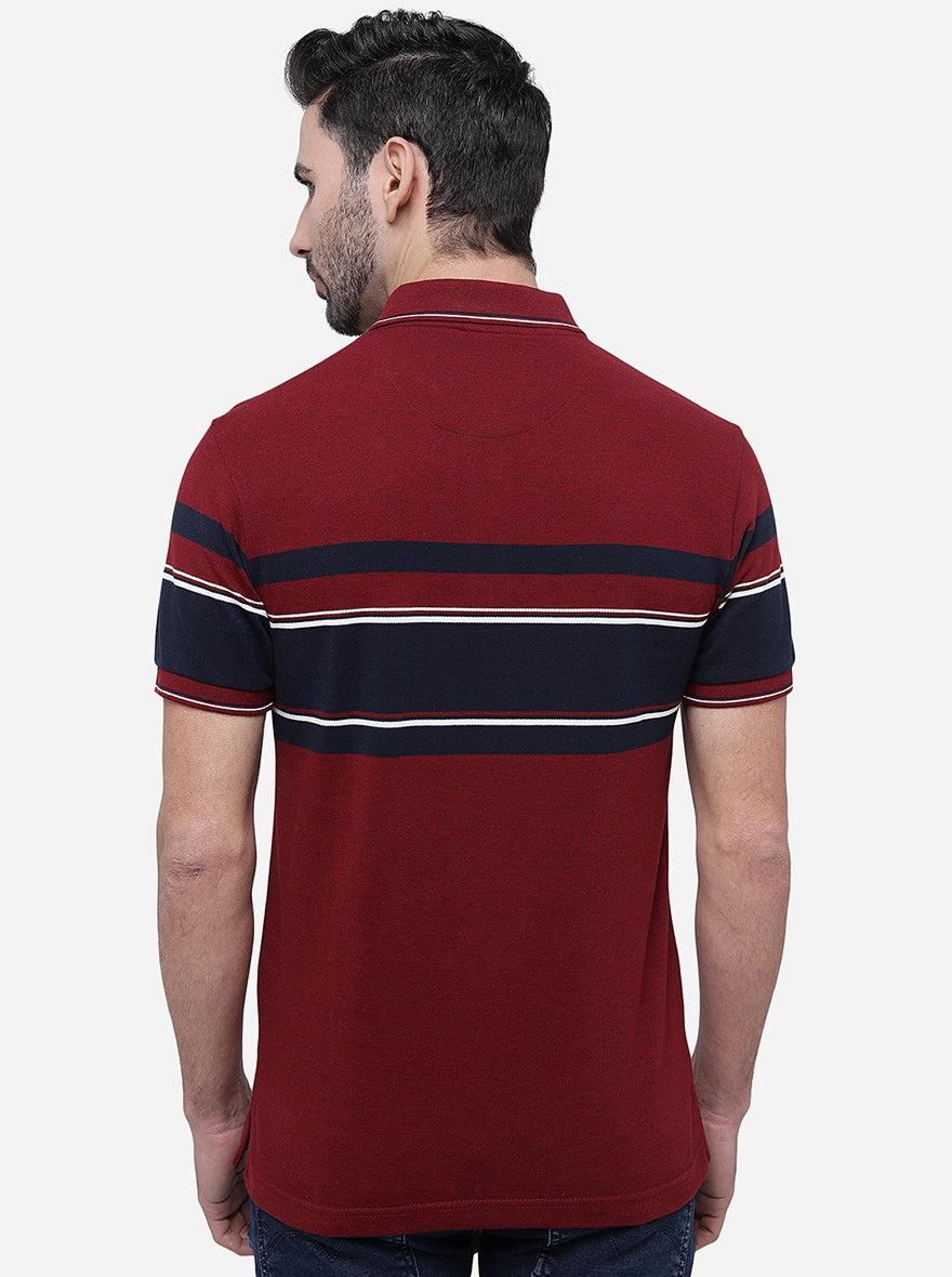 Red & Wine Striped Slim Fit Polo T-Shirt | Greenfibre