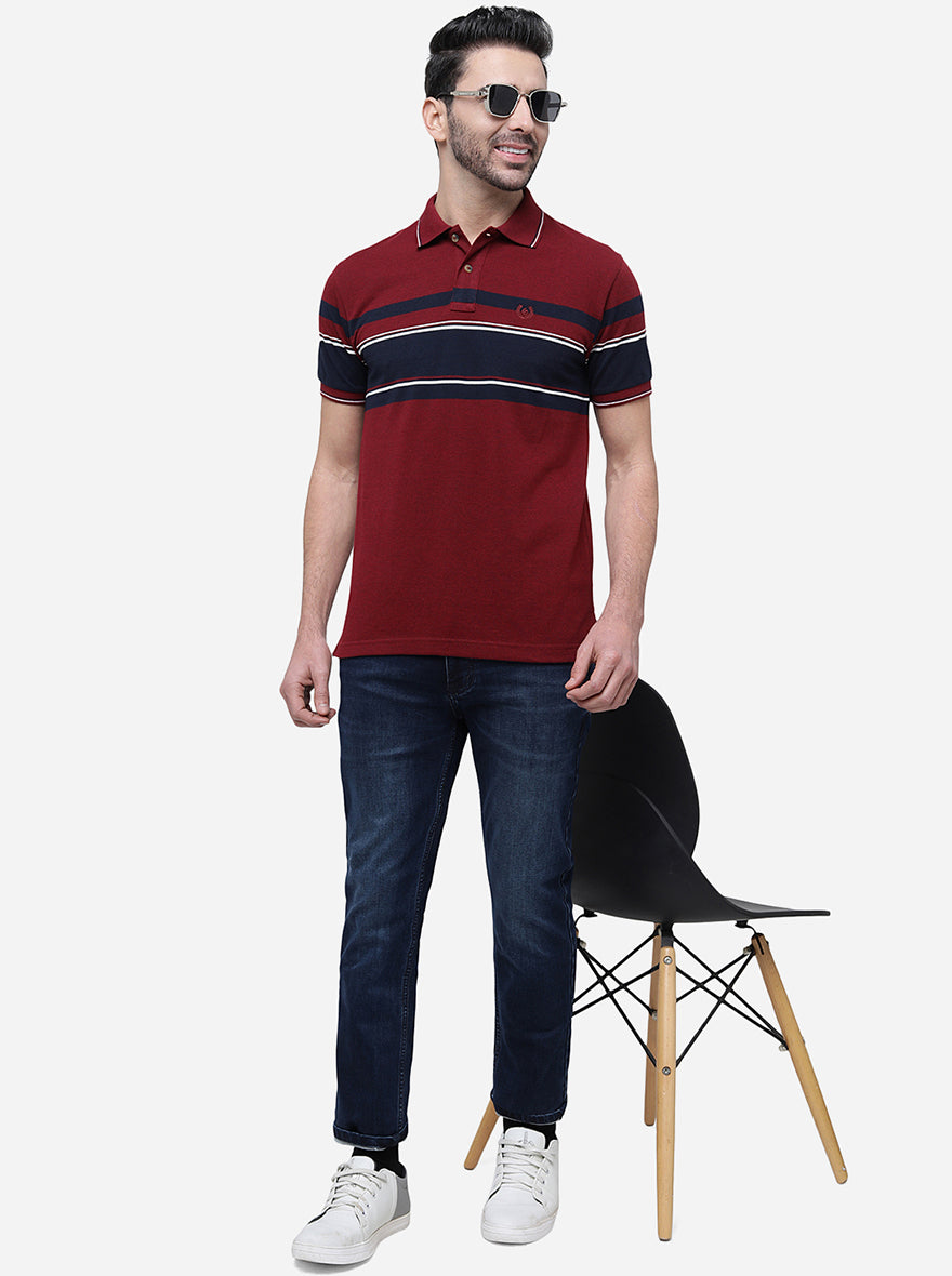 Red & Wine Striped Slim Fit Polo T-Shirt | Greenfibre