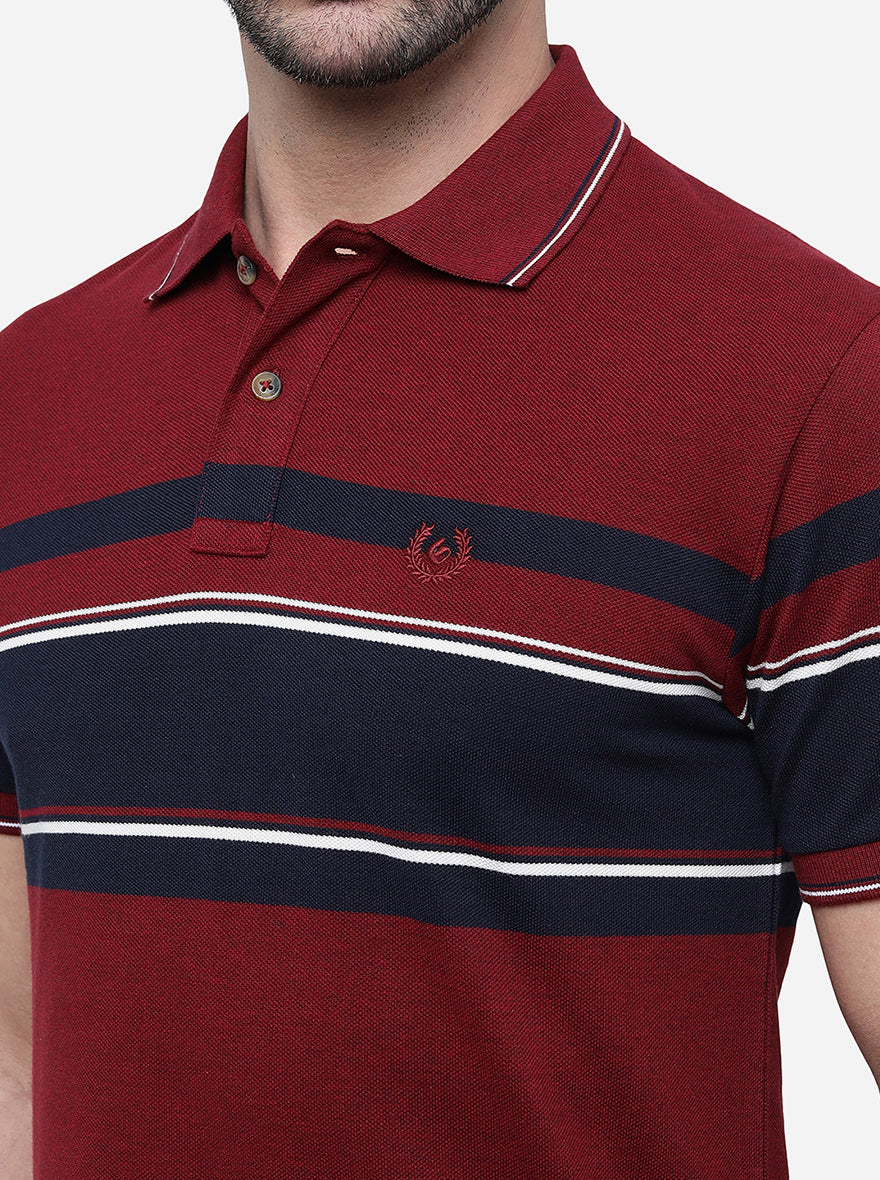 Red & Wine Striped Slim Fit Polo T-Shirt | Greenfibre