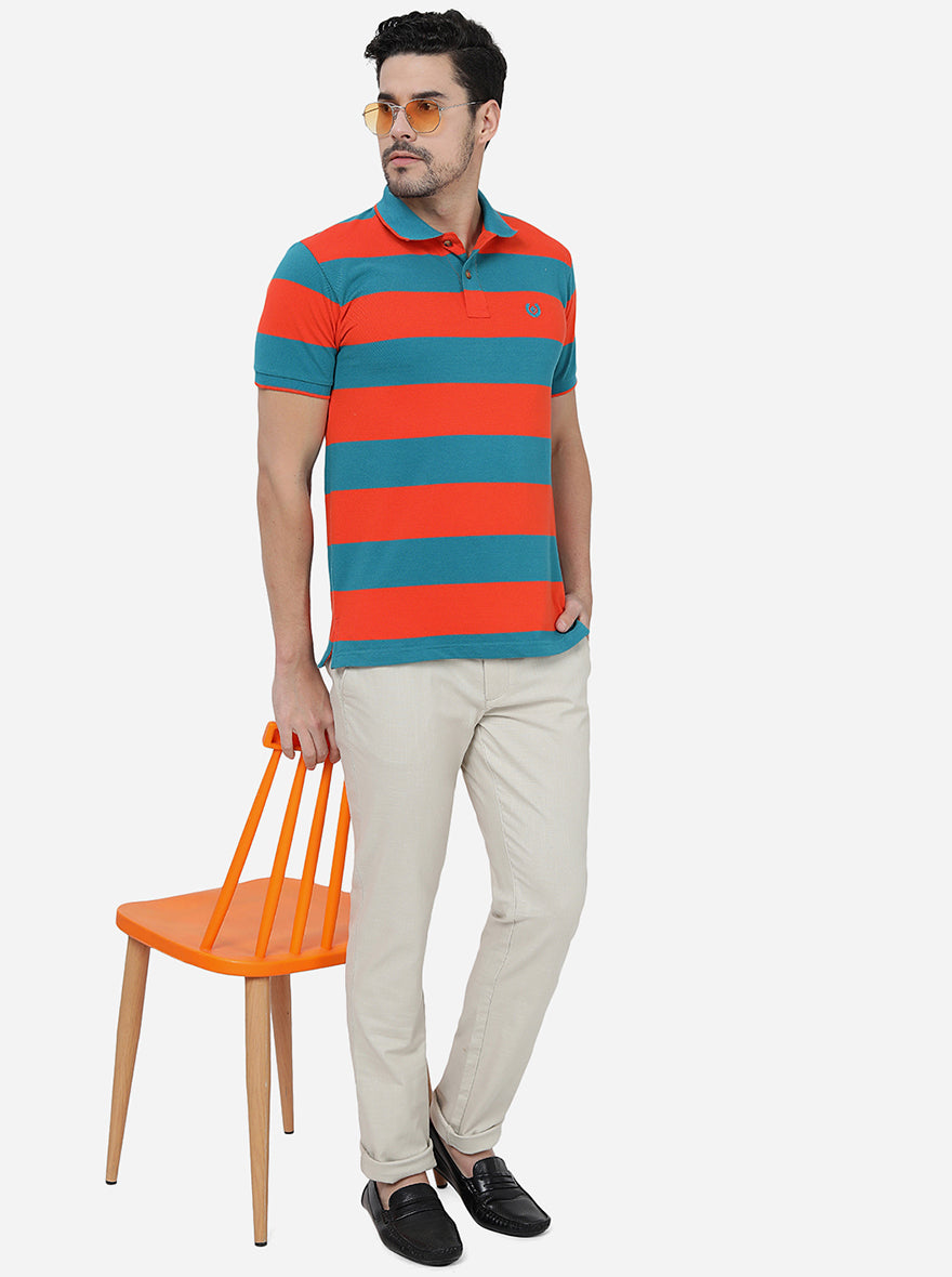 Orange & Blue Striped Slim Fit Polo T-Shirt | Greenfibre