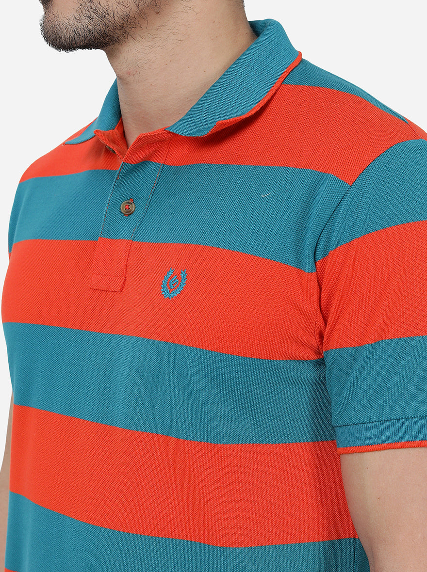 Orange & Blue Striped Slim Fit T-Shirt | Greenfibre