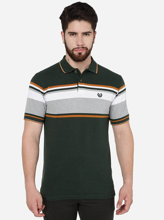 Olive Green Striped Slim Fit Polo T-Shirt | Greenfibre