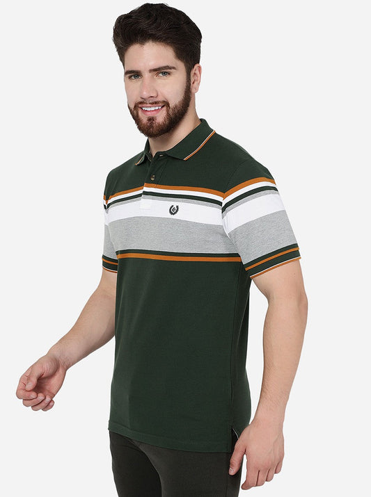 Olive Green Striped Slim Fit Polo T-Shirt | Greenfibre