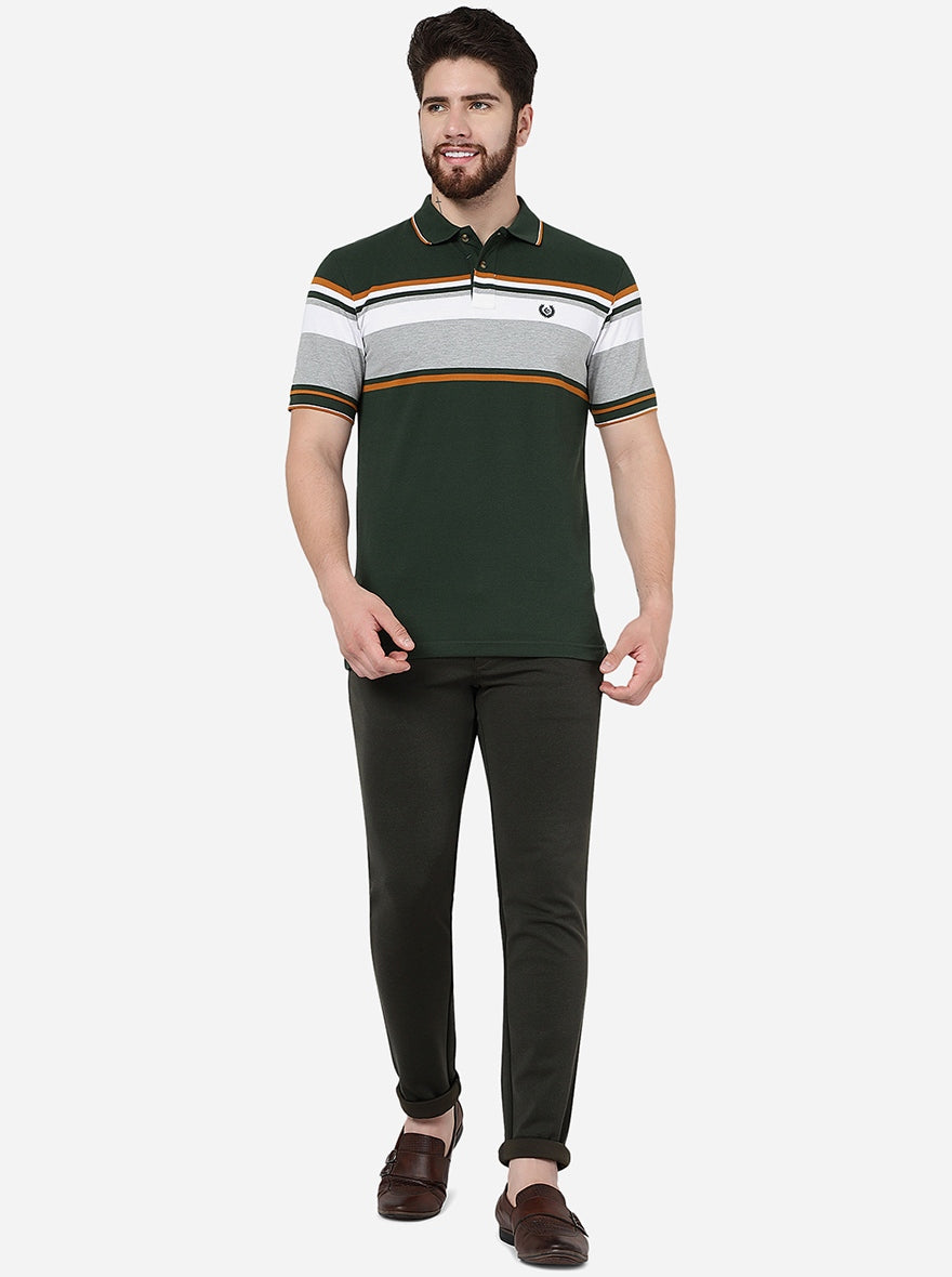 Olive Green Striped Slim Fit Polo T-Shirt | Greenfibre