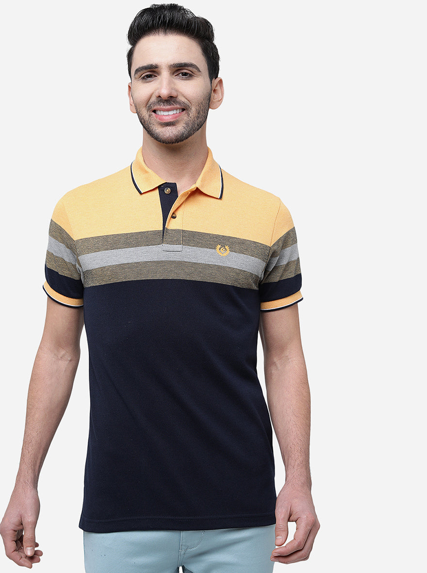 Yellow & Grey Striped Slim Fit Polo T-Shirt | Greenfibre