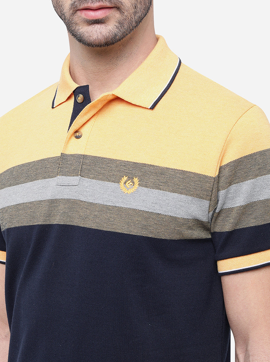 Yellow & Grey Striped Slim Fit Polo T-Shirt | Greenfibre