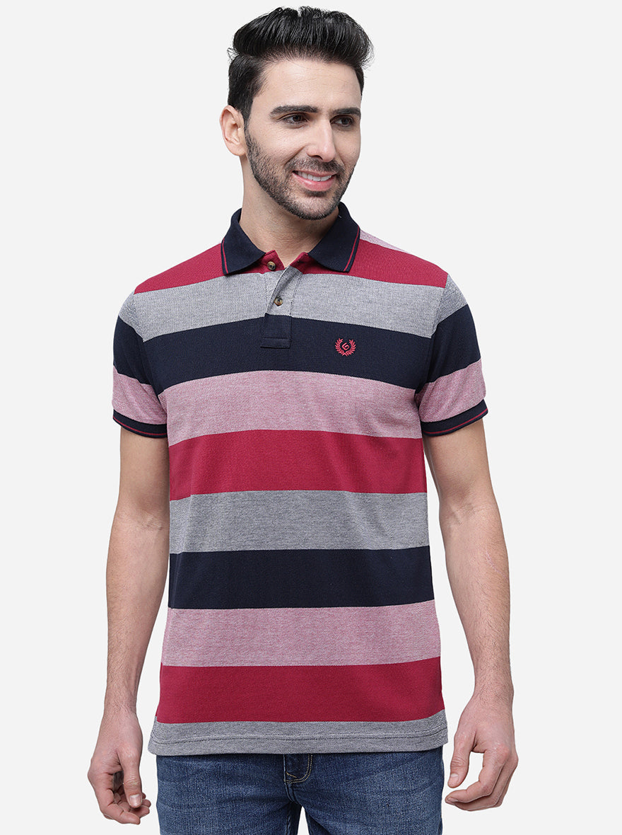 Purple & Navy Striped Slim Fit Polo T-Shirt | Greenfibre