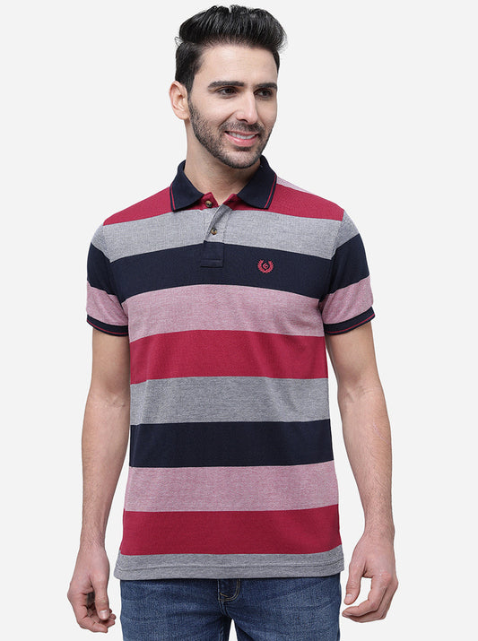 Purple & Navy Striped Slim Fit Polo T-Shirt | Greenfibre