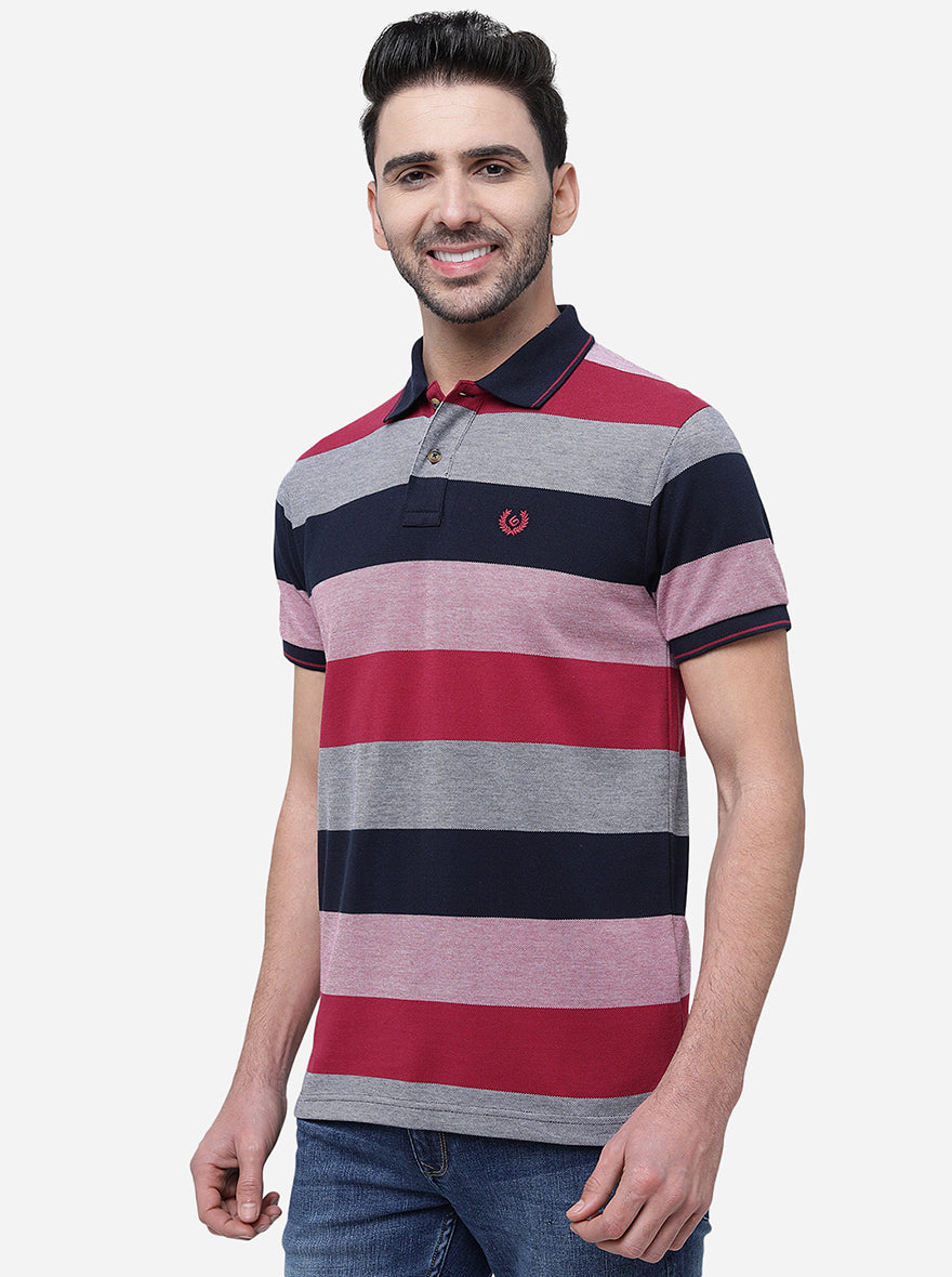 Purple & Navy Striped Slim Fit Polo T-Shirt | Greenfibre