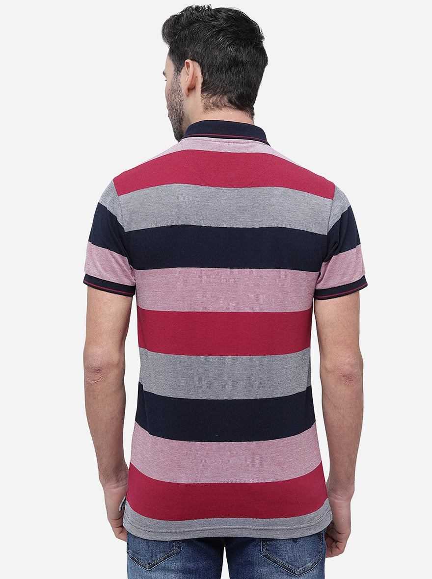 Purple & Navy Striped Slim Fit Polo T-Shirt | Greenfibre