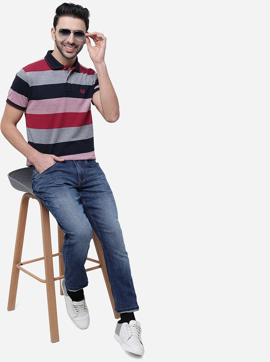 Purple & Navy Striped Slim Fit Polo T-Shirt | Greenfibre