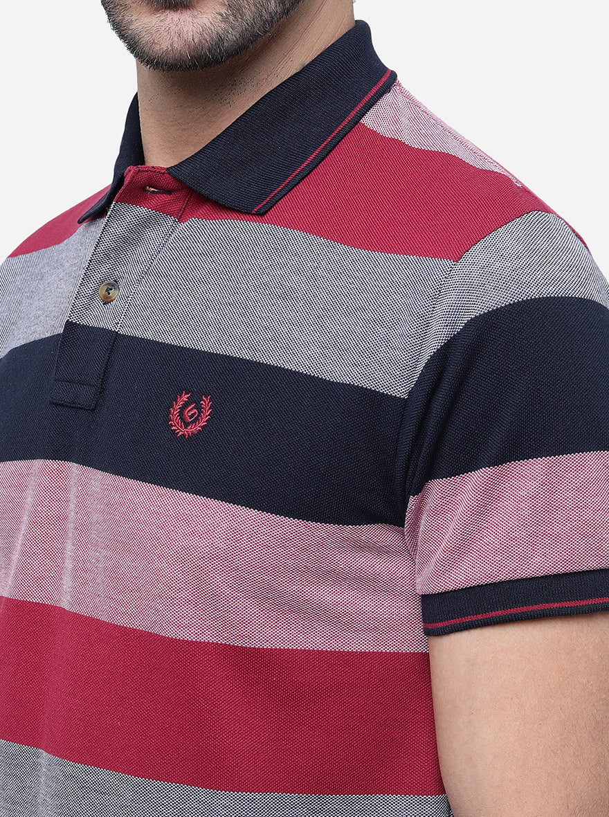 Purple & Navy Striped Slim Fit Polo T-Shirt | Greenfibre