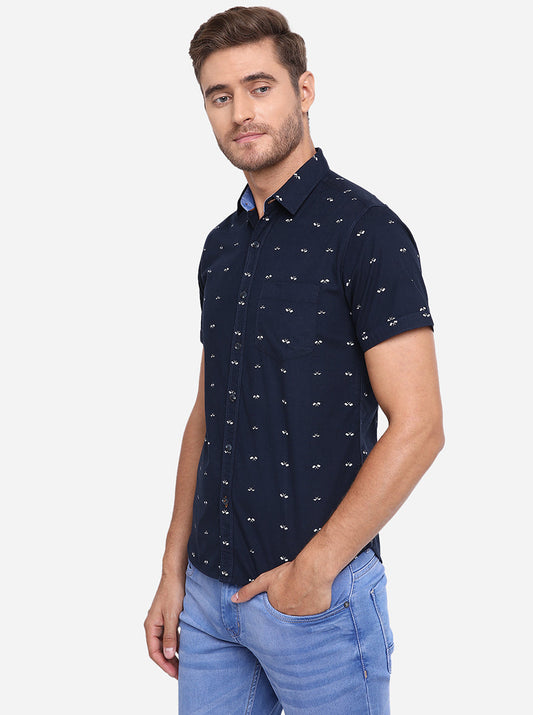 Indigo Blue Printed Slim Fit Casual Shirt | Greenfibre