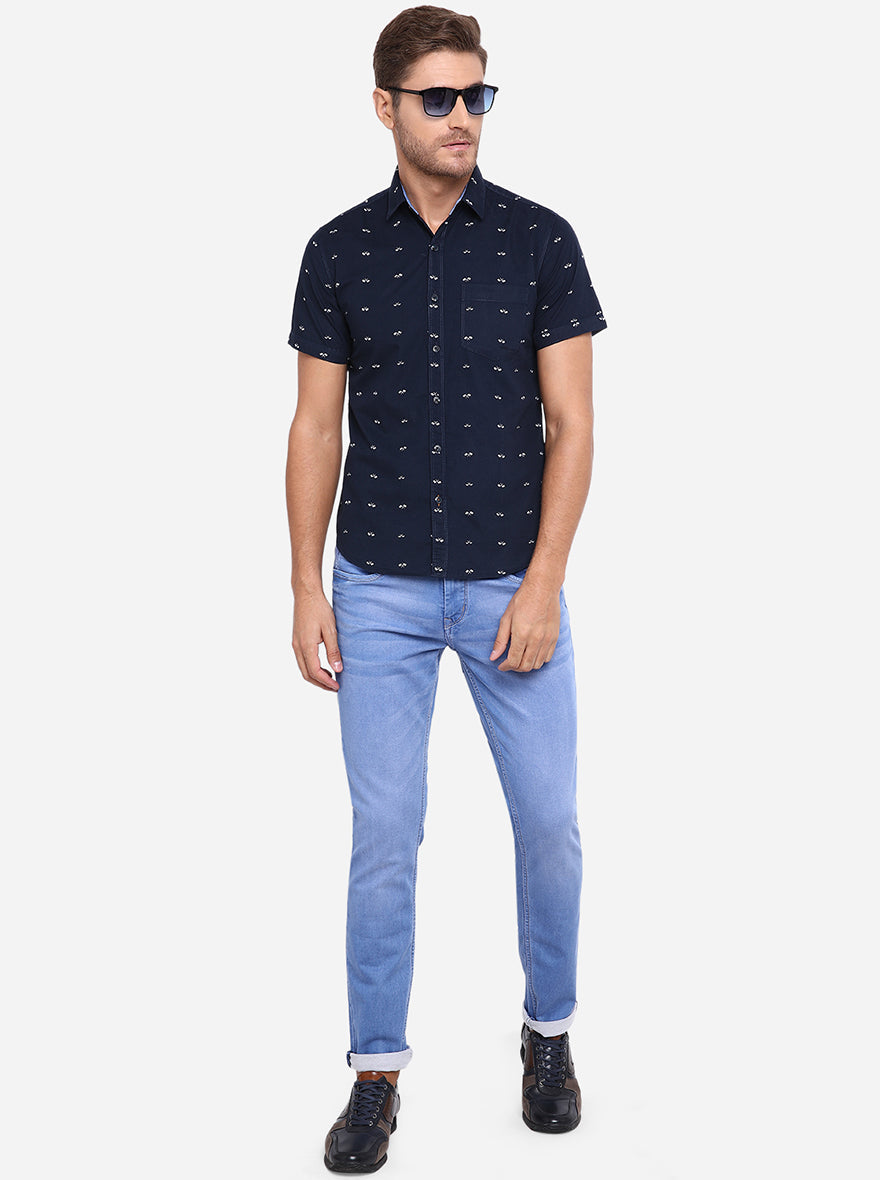 Indigo Blue Printed Slim Fit Casual Shirt | Greenfibre