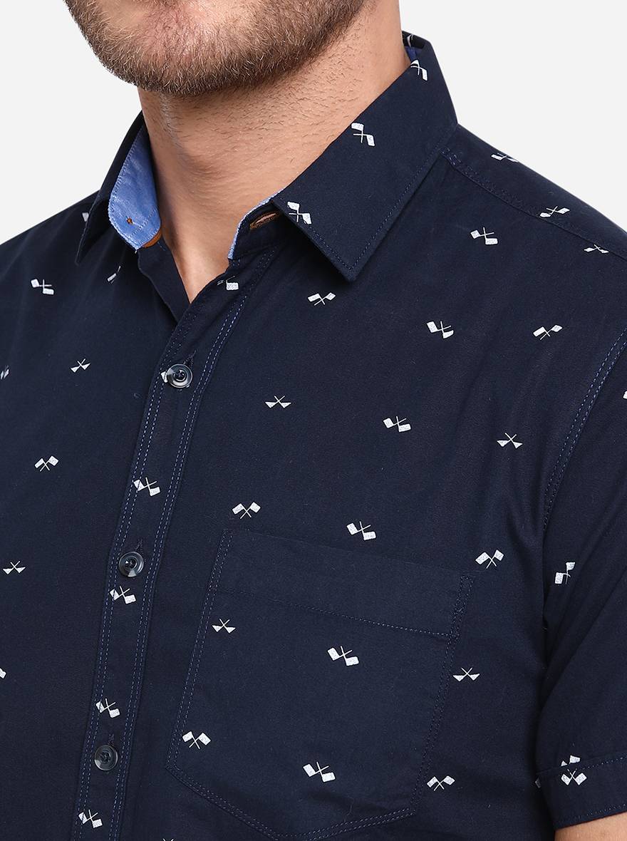 Indigo Blue Printed Slim Fit Casual Shirt | Greenfibre