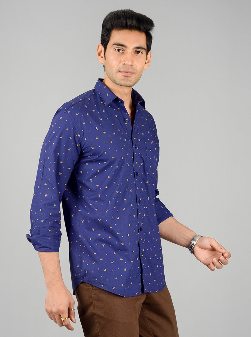 Indigo Blue Printed Slim Fit Casual Shirt | Greenfibre