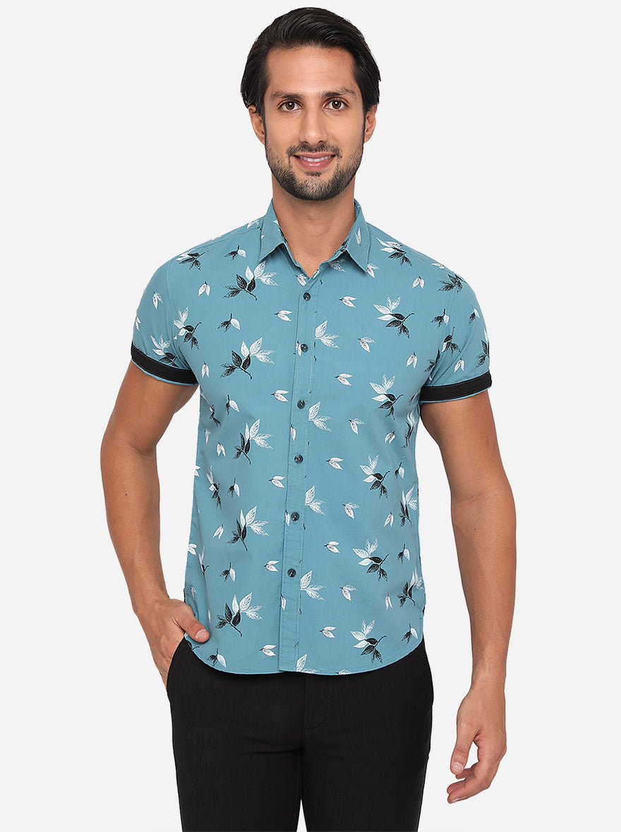 Turquoise Blue Printed Slim Fit Casual Shirt | Greenfibre