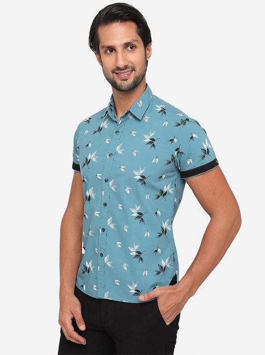 Turquoise Blue Printed Slim Fit Casual Shirt | Greenfibre
