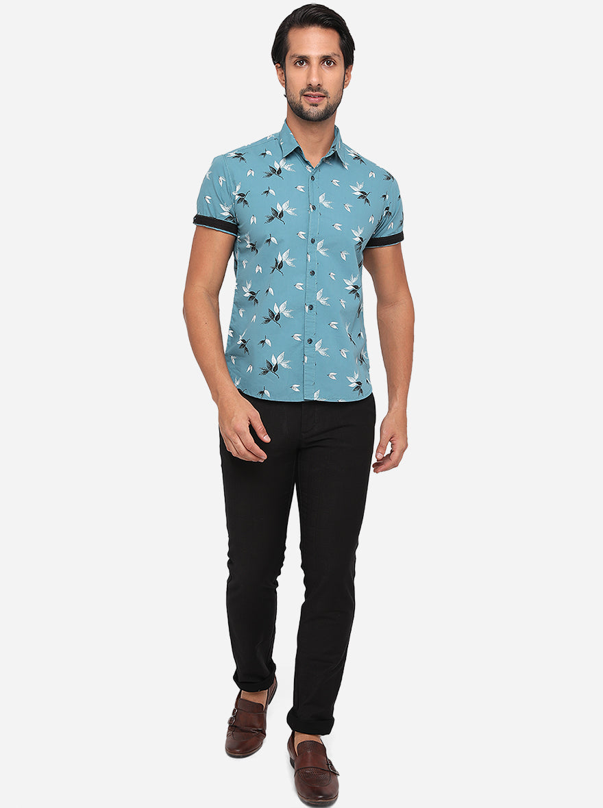 Turquoise Blue Printed Slim Fit Casual Shirt | Greenfibre