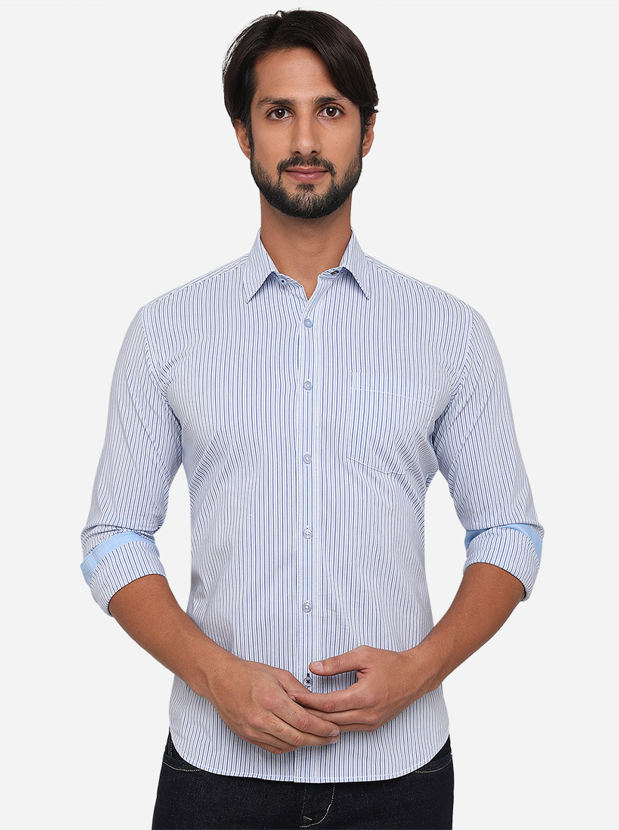 Light Blue Striped Slim Fit Semi Casual Shirt | Greenfibre